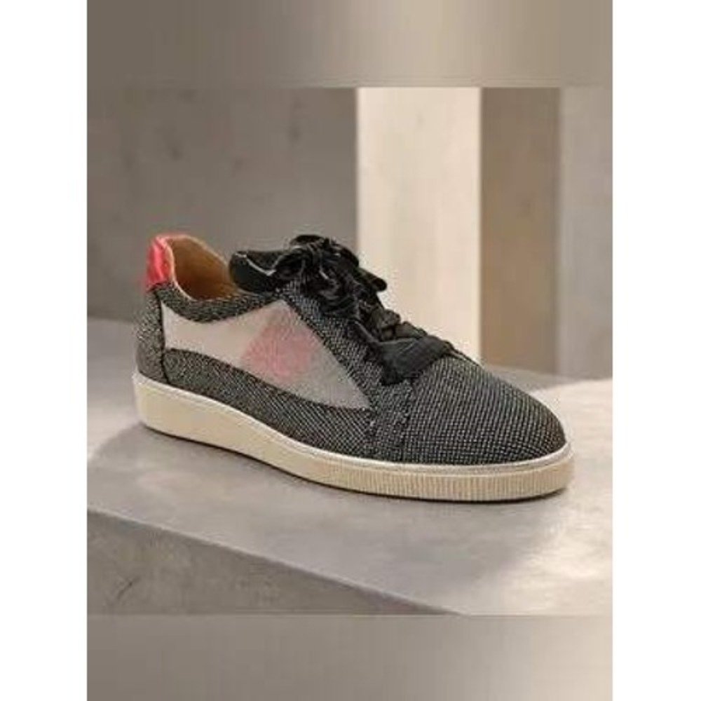 Bella Comforto Mesh Ribbon Lace Sneakers Black White Pink Glitter Size 39.5